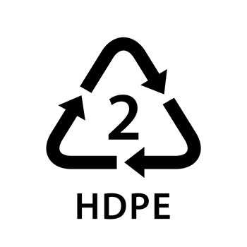 Image of the HDPE recycling symbol. The symbol is the number two within a triangle made of three arrows.